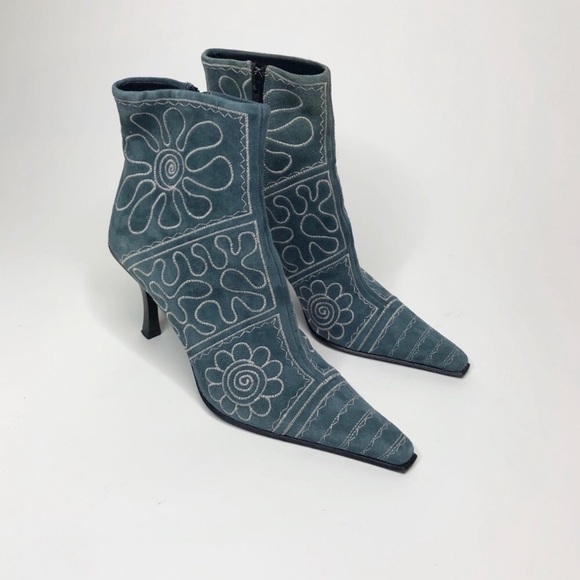Via Spiga Shoes - Via Spiga Blue Embroidered Suede Booties Size 8